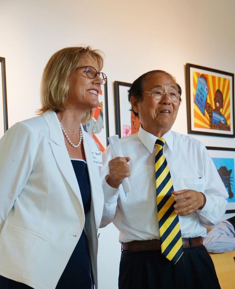 Graduate Division Dean Carol Genetti and Chancellor Henry T. Yang address the reception attendees. Credit: Ebers Garcia