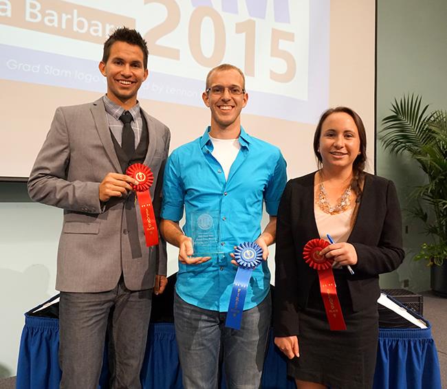 The winners of the 2015 UCSB Grad Slam: Champion Daniel Hieber (Linguistics), center; and Runners-Up Abel Gustafson (Communication) and Jessica Perkins (Bren). Credit: Patricia Marroquin