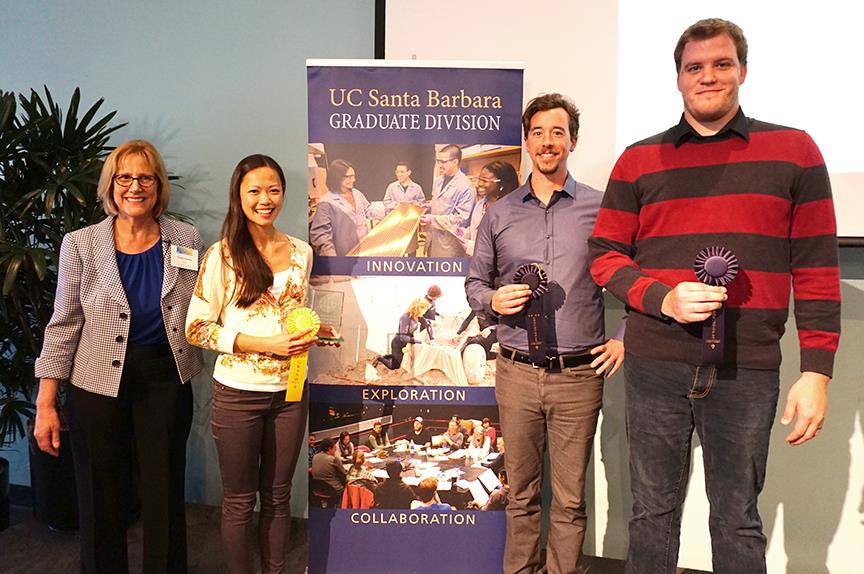 genetti_leung_willard_rogers_DSC03918_web Graduate Division Dean Carol Genetti, left, with the winners: Nicole Leung, Champion, and Geoff Willard and Phillip Rogers, runners-up. Credit: Patricia Marroquin
