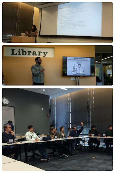 Top: Tanya Das talks about her research on metamaterials. Middle: Philip Deslippe gives us a glimpse into his work on spiritualism and special collections. Bottom: Q&A at a recent Lunch & Learn event.