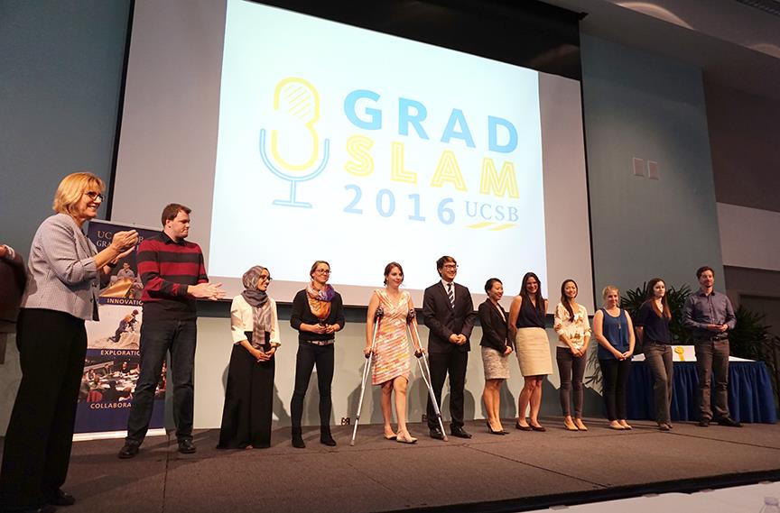 The finalists are recognized on stage by Graduate Division Dean Carol Genetti. Credit: Patricia Marroquin
