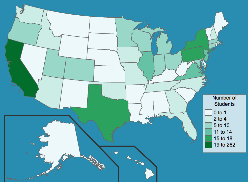 us-map Distribution of state of origin for domestic students; map template by Kevin Ross (click image to access interactive version)